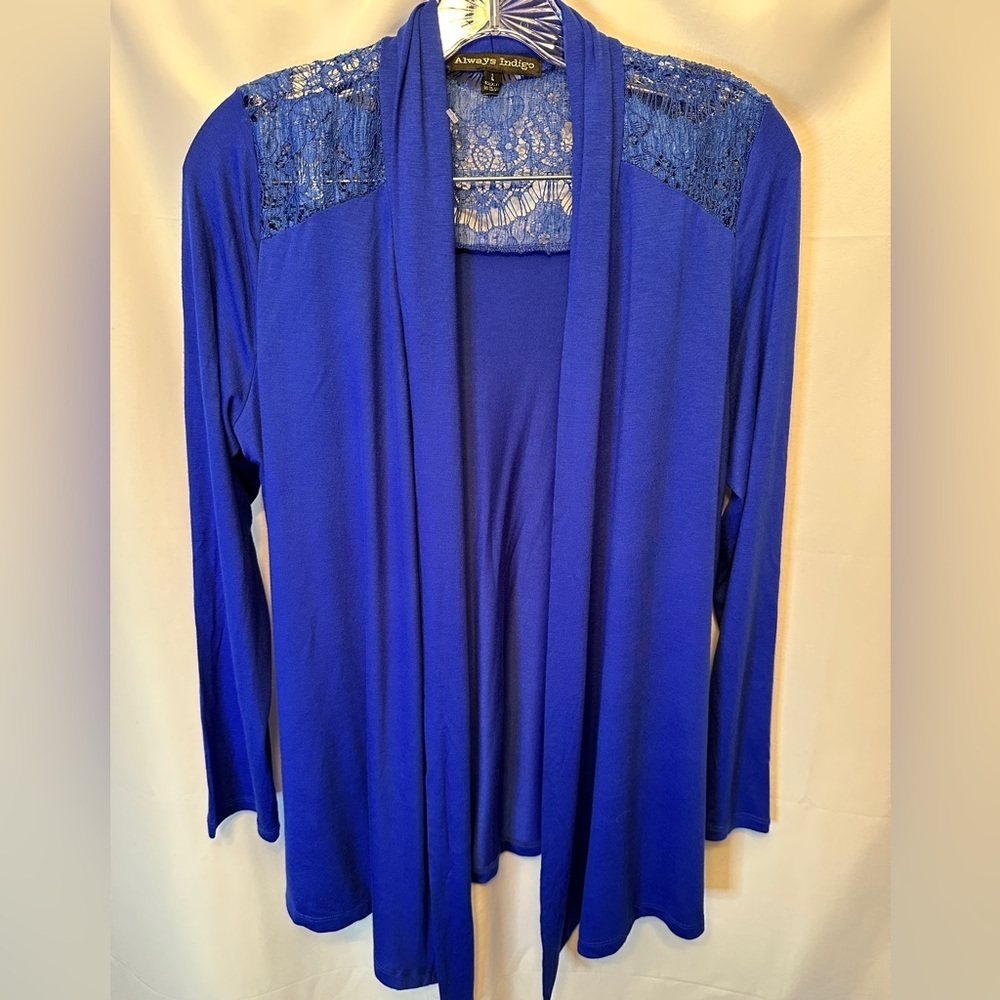 Always Indigo Size Large Open Front Cardigan Blue Sweater Lace Back Detail